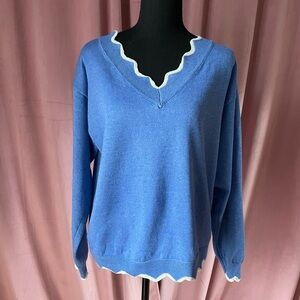 MISSLOOK Blue V-Neck Sweater with Scalloped Trim
